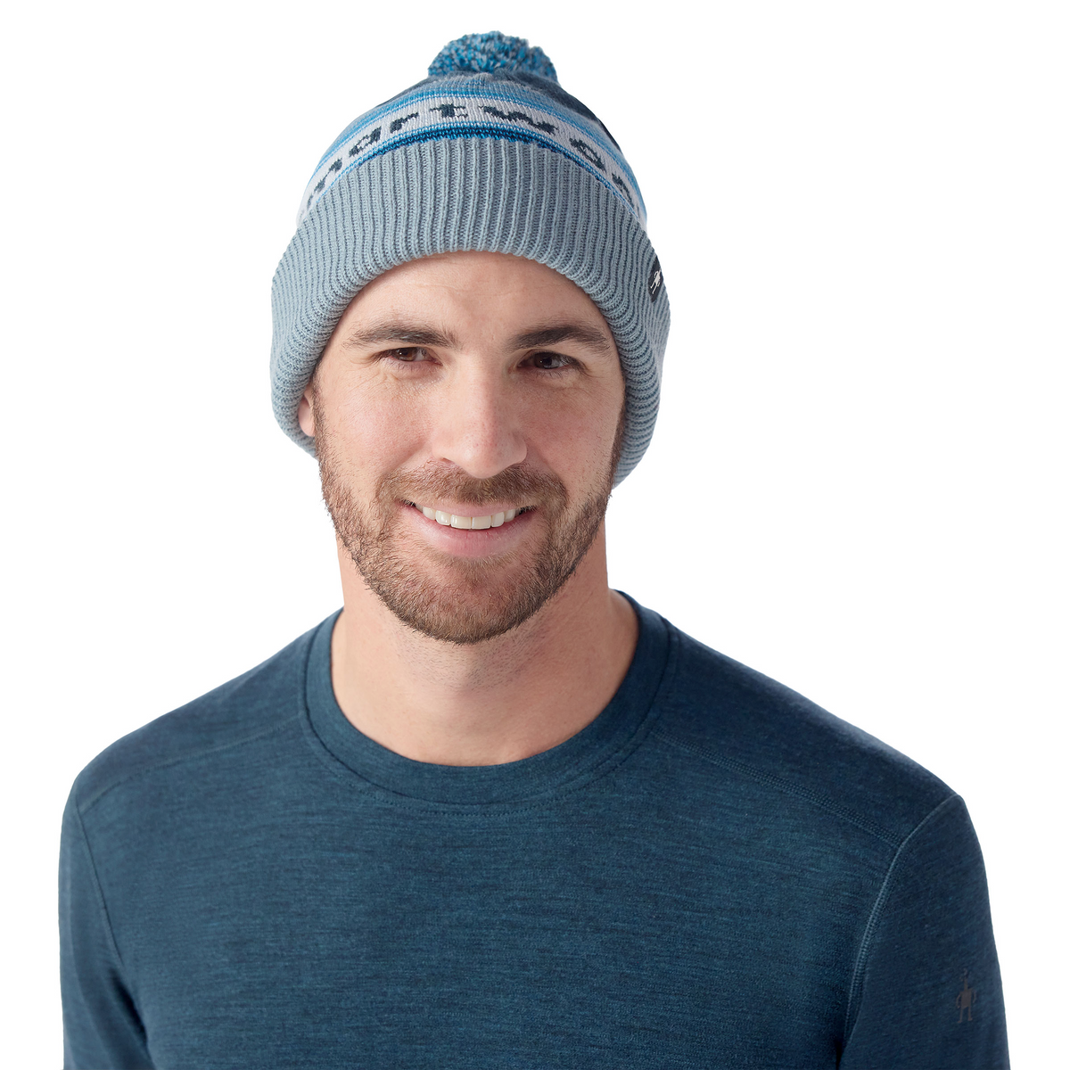 Knit Winter Pattern POM Beanie Twilight Blue Heather - ver - 1